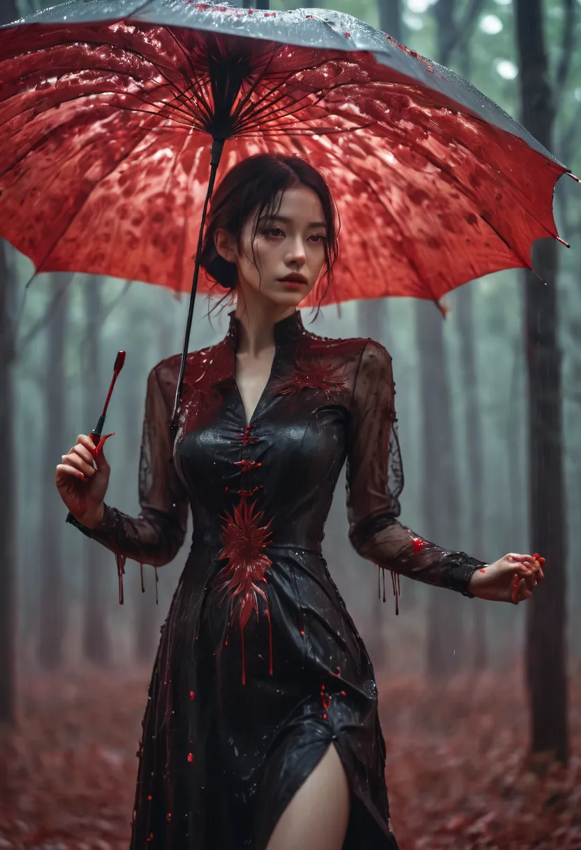 photo RAW, (Black and red : photo of a girl standing in the forest holding an umbrella, there's blood raining inside under the u...