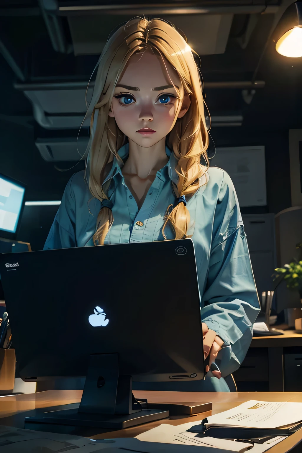 looking at screen, long blonde hair, blue eyes, frumpy clothes, , computer desk, computer, dark room, light coming off computer screen, ((girl staring at computer)), relaxed