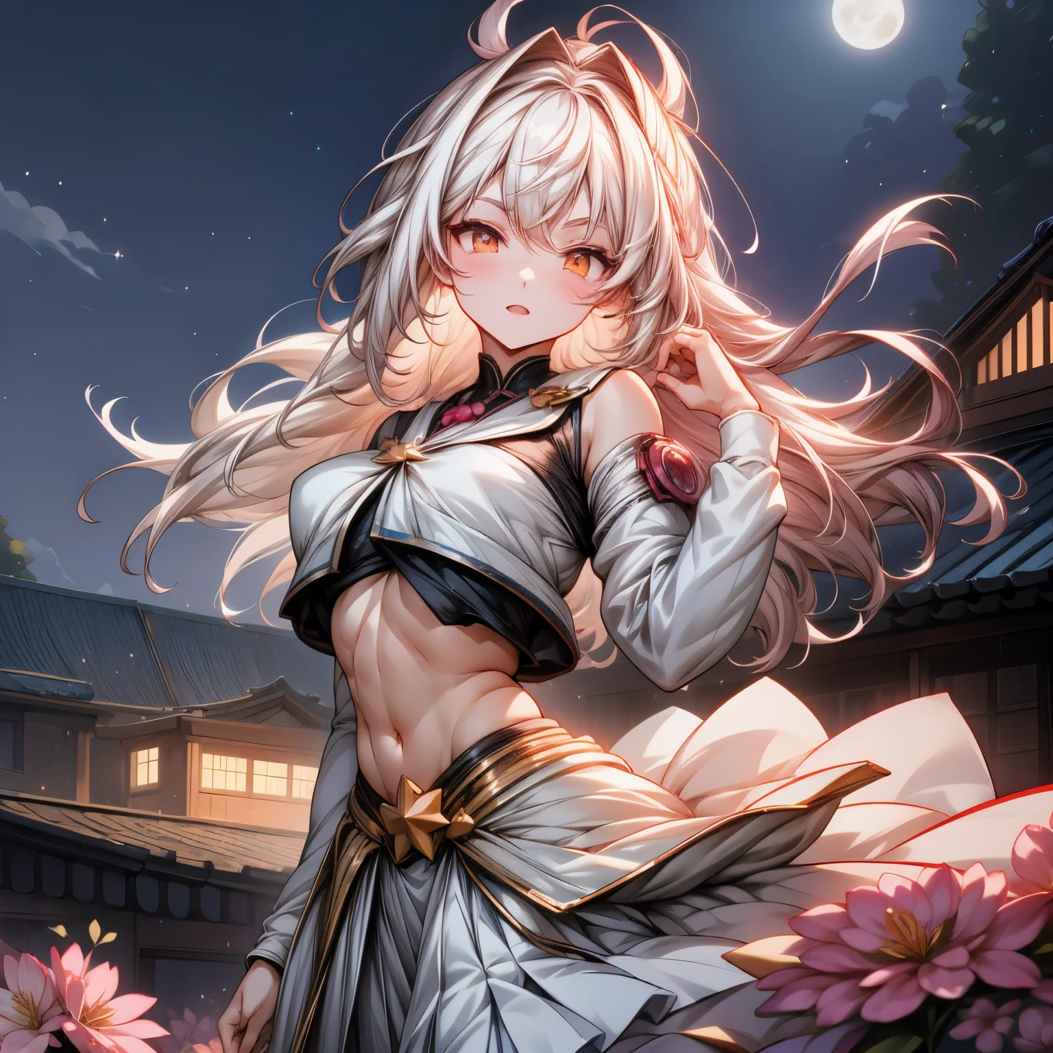 Anime girl, 1 anime girl, white hair, golden eyes, glowing eyes, thick hair, blown by the wind, crop top, skirt, blush, night, sakura flowers garden, stars, sunlight, starlight, fullmoon, rooftop garden, light city landscape, white skin, black and white outfit, beautiful, happy pose, Hands behind 