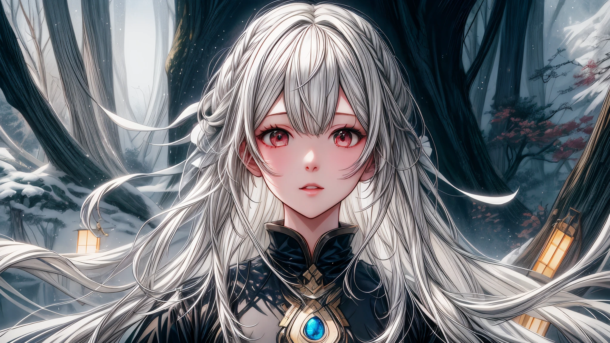 chica anime con pelo largo blanco y guantes negros parada frente a un bosque, arte de anime clave detallado, chica con pelo blanco, deidad de pelo blanco, guweiz, arte de anime digital detallado, guweiz en pixiv artstation, arte detallado del personaje de anime, guweiz en artstation pixiv, retrato detallado de chica anime, finos detalles. chicas de primera linea