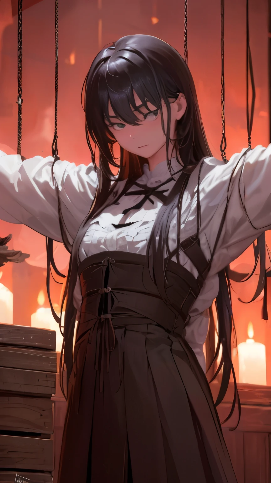 Anime girl with long black hair and white shirt holding a candle - SeaArt AI