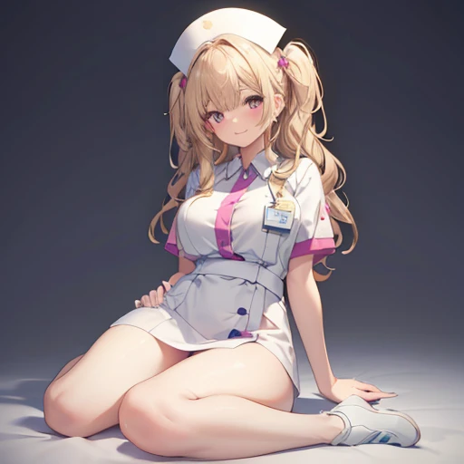 muste piece, best quality, 1 female, beige hair:1.5、long wavy hair、side swept bangs、solo、Sexy Nurse、{{one tone background、 background:1.8}}、Sit down、Full body Esbian、bulging chest、Call girl with a bewitching smile、