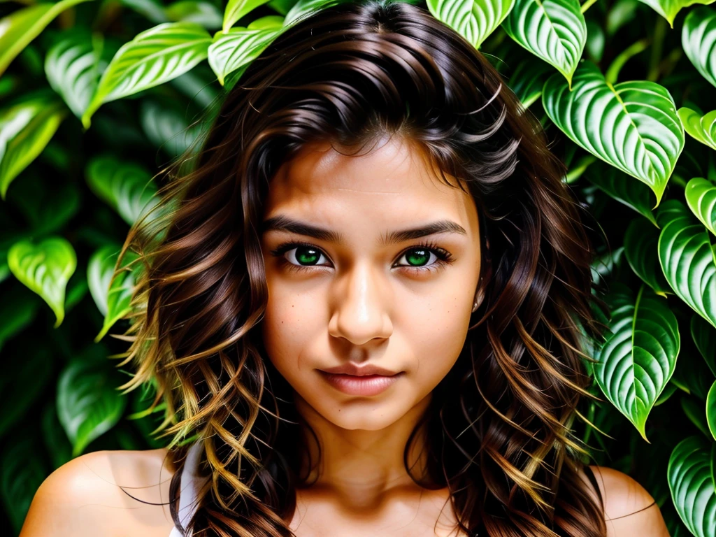 young Brazilian woman, 18 years old, mixed race, attractive, wavy hair, luscious lips, deep gaze, adorable face, green eyes, very harmonious face, realistic, full portrait