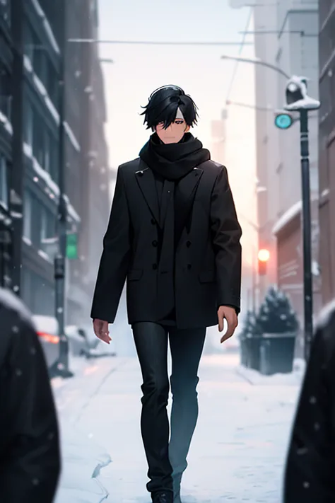 a man with a black hair and a black outfit and a black scarf and a black hoodie and a black and white background, (1girl:0.872),...