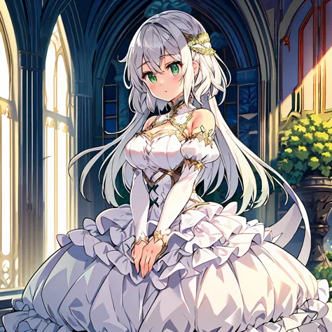 a , silver hair and green eyes.  she wears a white princess dress.