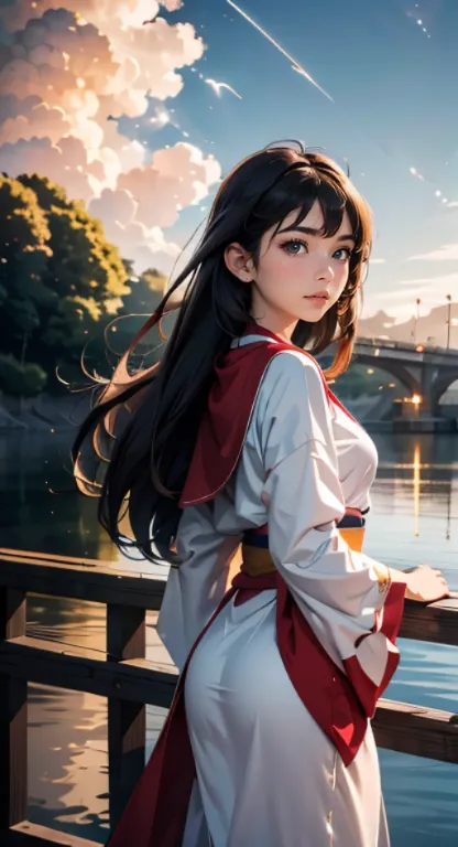 ((masterpiece, highest quality)) a beautiful girl stands in front of a bridge, wearing priest robes, sunkissed, fantasy backgrou...