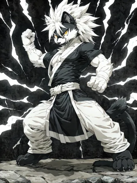 Solo, male, black and white bicolor cat, yellow eyes, black lower lip, Leo, anthropomorphic body, black tail cat, muscular, shirtless, white hakama pants, fighting stance, surrounded by white energy, by Akira Toriyama, dbz style, 