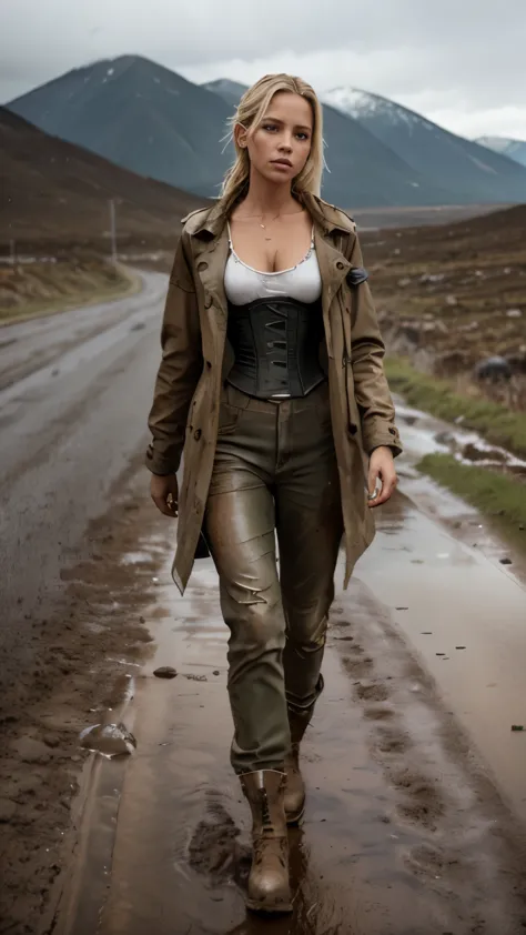 Foto hiperrealista en primer plano de 20 years old Maria Bello,, masterpiece, best quality, (photorealistic:1.4), full body, she is dirty, Dirty rain coat, dirty corset, dirty pants, Depict an empty road, mountains in the background, a rainy day, a muddy r...