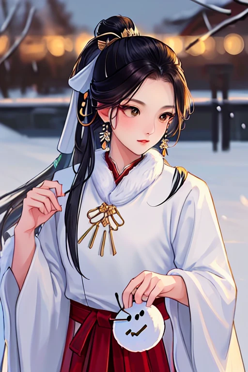 (best quality), ((masterpiece)), (highres), illustration, original, extremely detailed, licg, snow, snowman, 1girl, 1boy, chinese clothes, black hair, outdoors, long hair, winter, long sleeves, fur trim, hanfu, snowing, ponytail, jewelry, ribbon, looking down, earrings, blurry, hair ornament