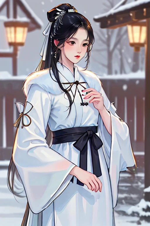 (best quality), ((masterpiece)), (highres), illustration, original, extremely detailed, licg, snow, snowman, 1girl, 1boy, chinese clothes, black hair, outdoors, long hair, winter, long sleeves, fur trim, hanfu, snowing, ponytail, jewelry, ribbon, looking down, earrings, blurry, hair ornament