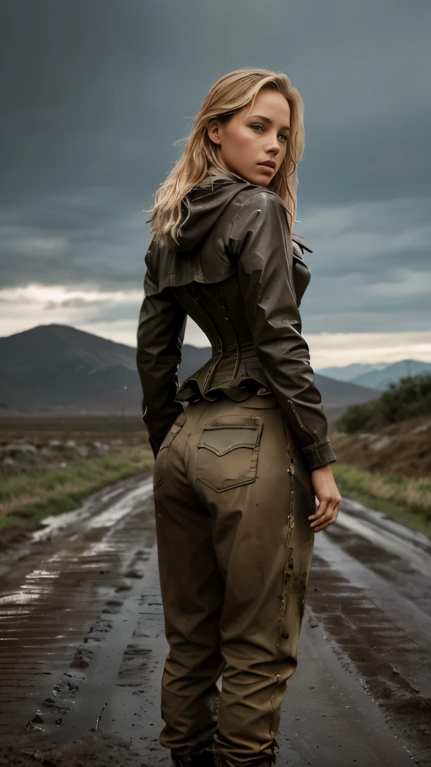 Foto hiperrealista en primer plano de 20 years old Maria Bello,, masterpiece, best quality, (photorealistic:1.4), full body, she is dirty, Dirty rain coat, dirty corset, dirty pants, Depict an empty road, mountains in the background, a rainy day, a muddy road in the rugged style of the game's concept art. This work should evoke a sense of abandonment and despair in a futuristic, post-apocalyptic world. Notice the intricacies of detail, the sharp focus. cinematic light, beautiful woman, skinny, small breasts, straight blond  hair, detailed face, photo taken from a distance, she stands bent over, her head down, her wet hair falling over her face, her hands on her hips