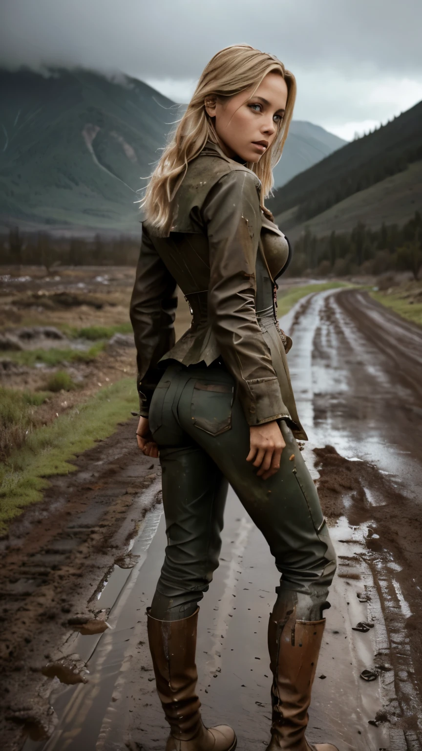 Foto hiperrealista en primer plano de 20 years old Maria Bello,, masterpiece, best quality, (photorealistic:1.4), full body, she is dirty muddy, Dirty muddy rain coat, dirty corset, dirty muddy pants, Depict an empty road, mountains in the background, a rainy day, a muddy road in the rugged style of the game's concept art. This work should evoke a sense of abandonment and despair in a futuristic, post-apocalyptic world. Notice the intricacies of detail, the sharp focus. cinematic light, beautiful woman, skinny, small breasts, straight blond  hair, detailed face, photo taken from a distance,
