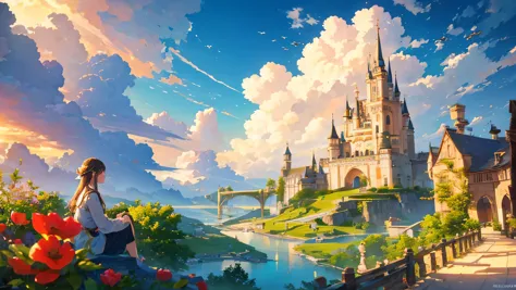 a castle floating in the sky on a big cloud, golden hour, romantic and nostalgic, flowers and roses