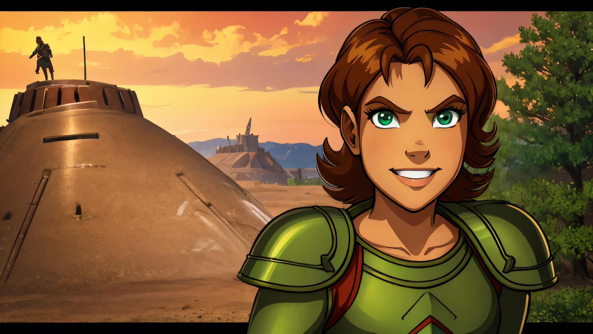 Irma,brown hair,solo,short hair,green eyes, standing,upper body, cute smile, in the red armor, bavkground battlefield