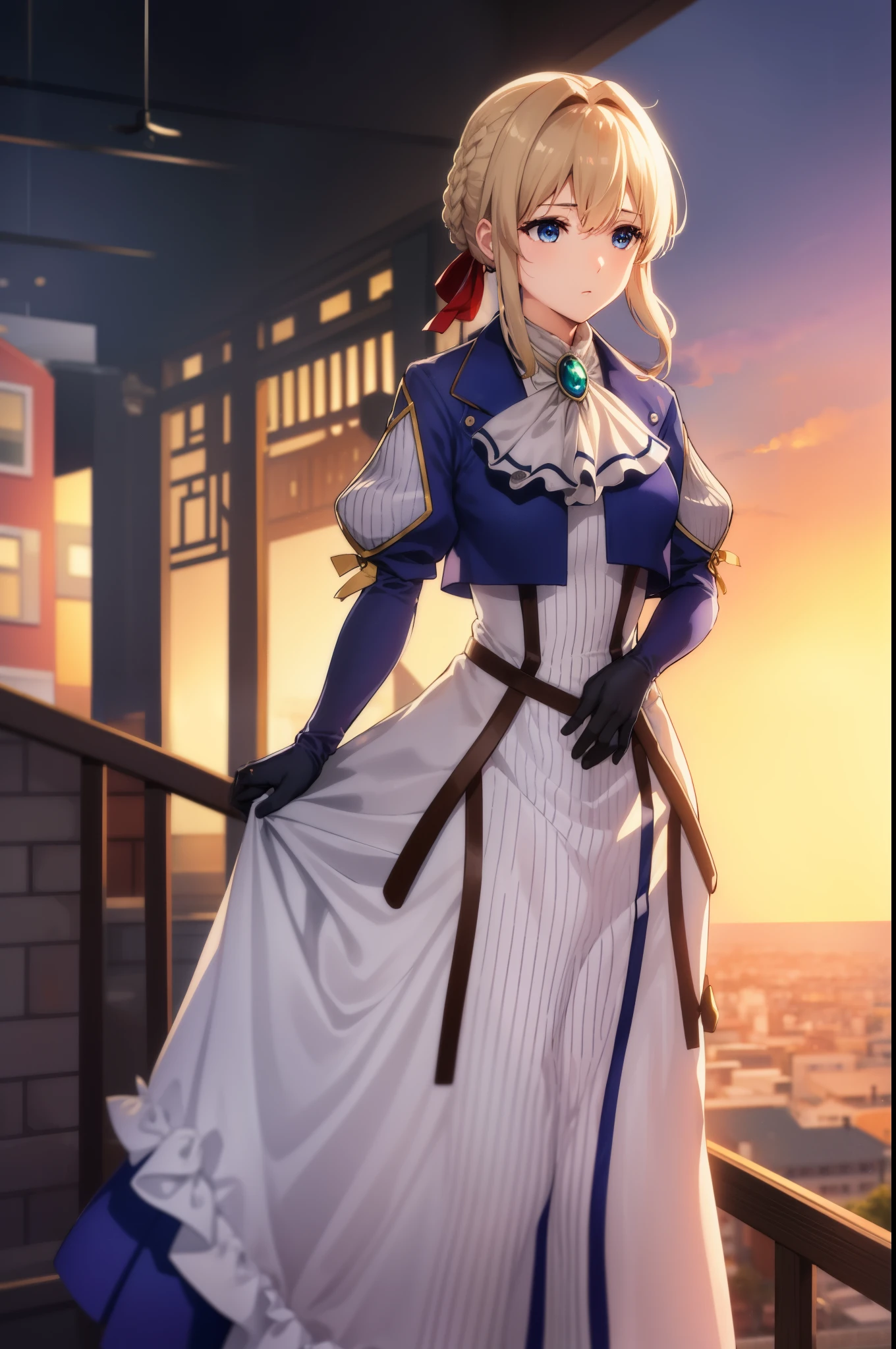 violet evergarden、violet evergarden、blonde、blue eyes、hair ribbon、Bow knot、short hair、Braid、Braid、red ribbon、mature woman、ブレイクブルーJacket、茶色のgloves、クロップドJacket、dress、gloves、green brooch、Jacket、juliet sleeve、long sleeve、puffy sleeve、ホワイトdress、Waiting for the major to return at the station