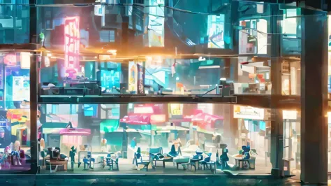 cyberpunk city with starship and robots, looking down glass balcony of cafe