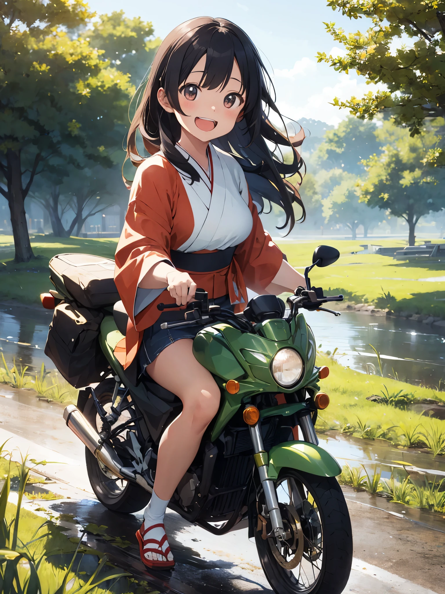 照片般逼真,穿着和服的辉夜姬, 笑声, 可爱的, 配件, 夏日稻田路上骑摩托车的女孩