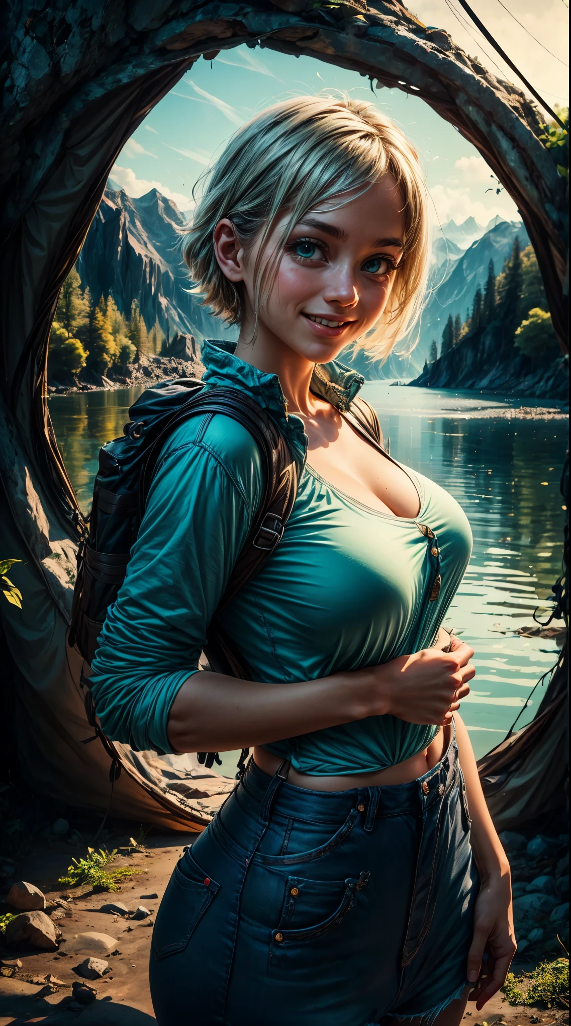 Tia is shown to have a fairly slender figure. She has white-grey hair , she has short hair and large pale green eyes, The picture shows a young girl enjoying a wilderness and adventure life while on a camping trip.  The girl has a bright smile on her face and eyes sparkling with happiness and enthusiasm.  The girl's general appearance reflects strength, confidence, and a great willingness to explore the outside world.  She may show signs of wildlife on her clothing and face, indicating the challenges and adventures of the journey.
 The beautiful background shows the wild nature with stunning scenery of mountains, forests or lakes.  The tent erected next to it adds to this shot an atmosphere of authenticity, freedom, and closeness to nature.  The relaxed and contemplative look reflects the girl's exploratory and playful spirit during her journey.
 The image conveys to the viewer feelings of freedom, adventure, and openness to the world around it.  This photo can be an inspiration to others to enjoy nature, adventure and explore what is new., cleavage exposed, big breasts, superior quality, many details, Puri focus  Sharp and realistic