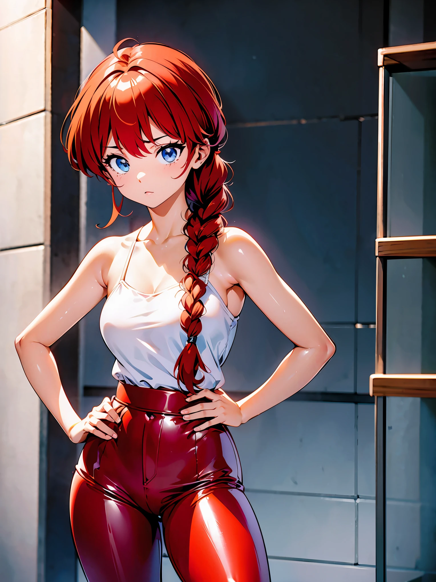 Redhead anime girl wearing pink latex top and black leather pants, garota , corpo bonito, seios grandes, red hair with braid, beautiful lighting, olhos azuis, pernas bonitas, agachada, on your knees on the floor, hands on hip, hands on her waist, hair with a braid, estilo anime, desenho anime, Ranma Chan, Autora Rumiko Takahashi, Baseado em obra de Rumiko Takahashi, Anime ranma 1/2, seios grandes, decote sexy, belo quadril robusto, seios bonitos, corpo inteiro, seios lindos, corpo completo, garota jovem com corpo belo e bonito, plano de fundo em branco, sem plano de fundo