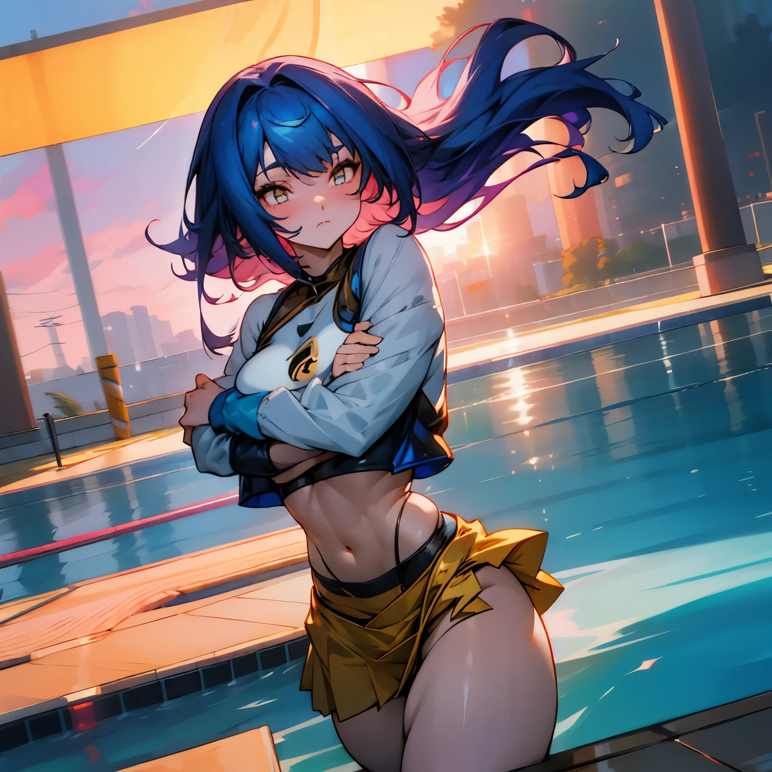 chica anime, 1 chica anime, pelo negro y azul, ojos dorados, pupilas doradas, ojos brillantes, cabello grueso, soplado por el viento, top corto, falda, rubor, luz de sol, Noche, paisaje de piscina, piel blanca, traje de baño azul y blanco, Hermoso