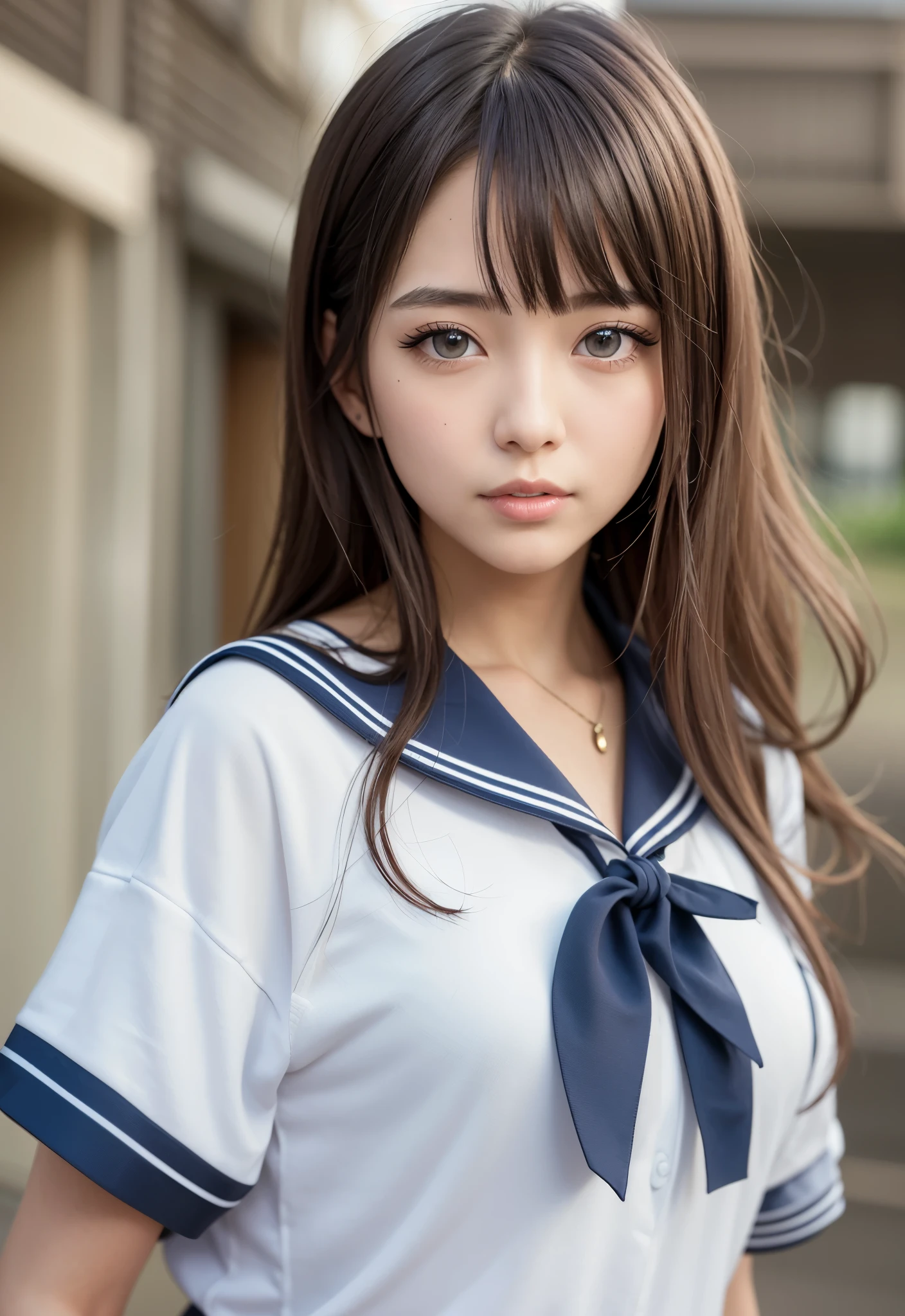 sailor suit、school uniform、A beautiful girl in the world、shiny glossy skin、sparkle on the cheeks、bangs between the eyes、光沢のあるシルクと非常に長くてまっすぐなbeautiful天然ブロンド、eyeliner、Sexy and beautiful 35 years old、High resolution, big, beautiful, bright light blue eyes、Beautiful and bright girl、sharp、