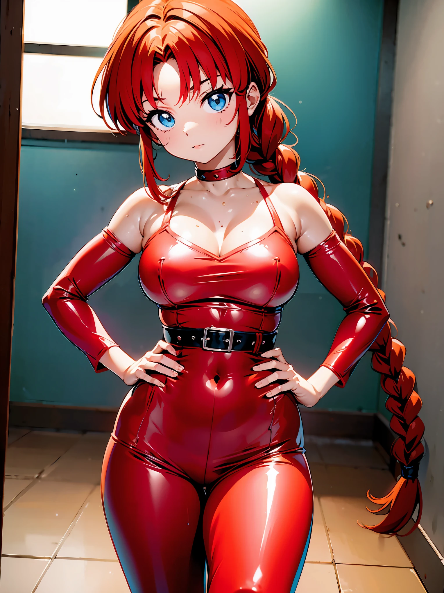 Rothaariges Anime-Mädchen trägt rosa Latex-Top und schwarze Lederhose, Mädchen , schöner Körper, vollbusig, rote Haare mit Zopf, schöne Beleuchtung, blaue Augen, schöne Beine, geduckt, auf den Knien auf dem Boden, Hände auf den Hüften, Hände auf ihrer Taille, Haare mit einem Zopf, Anime-Stil, Anime-Zeichnung, Ranma Chan, Autorin Rumiko Takahashi, Basierend auf einem Werk von Rumiko Takahashi, Anime-Ranma 1/2, vollbusig, sexy deko, schöne robuste Hüften, schöne Brüste, Ganzkörper, Schöne Brüste, Ganzkörper, Mädchen jovem com corpo belo e bonito, leerer Hintergrund, Kein Hintergrund