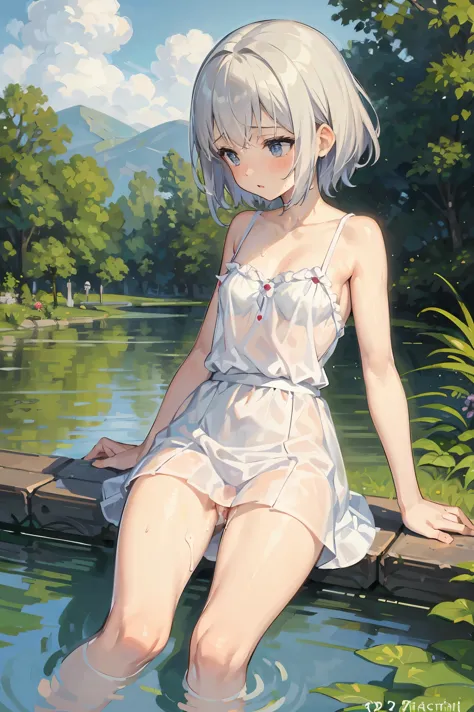 In Claude Monet style, Impressionism, 1girl, upper body focus, (white camisole dress), 14 year old, full body Esbian, short silver hair, blue eyes, pond, wet, ((curtsey)), nipples through, see-through, puffy nipples, bare breasts, {{{{embarrassed}}}}, bare...