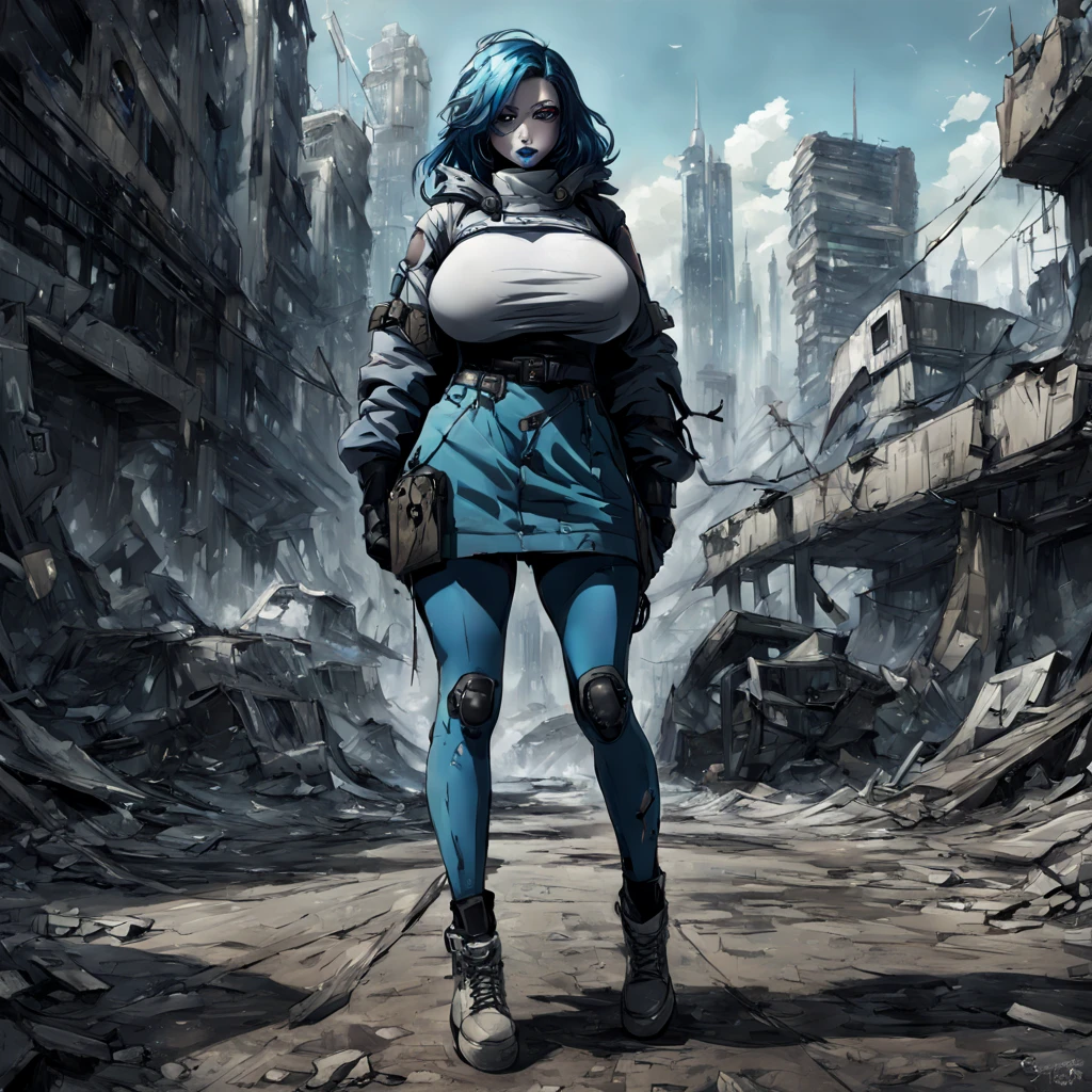 Beautiful, super busty, blue hair, blue lipstick, dystopian future, tattered hood, full body picture