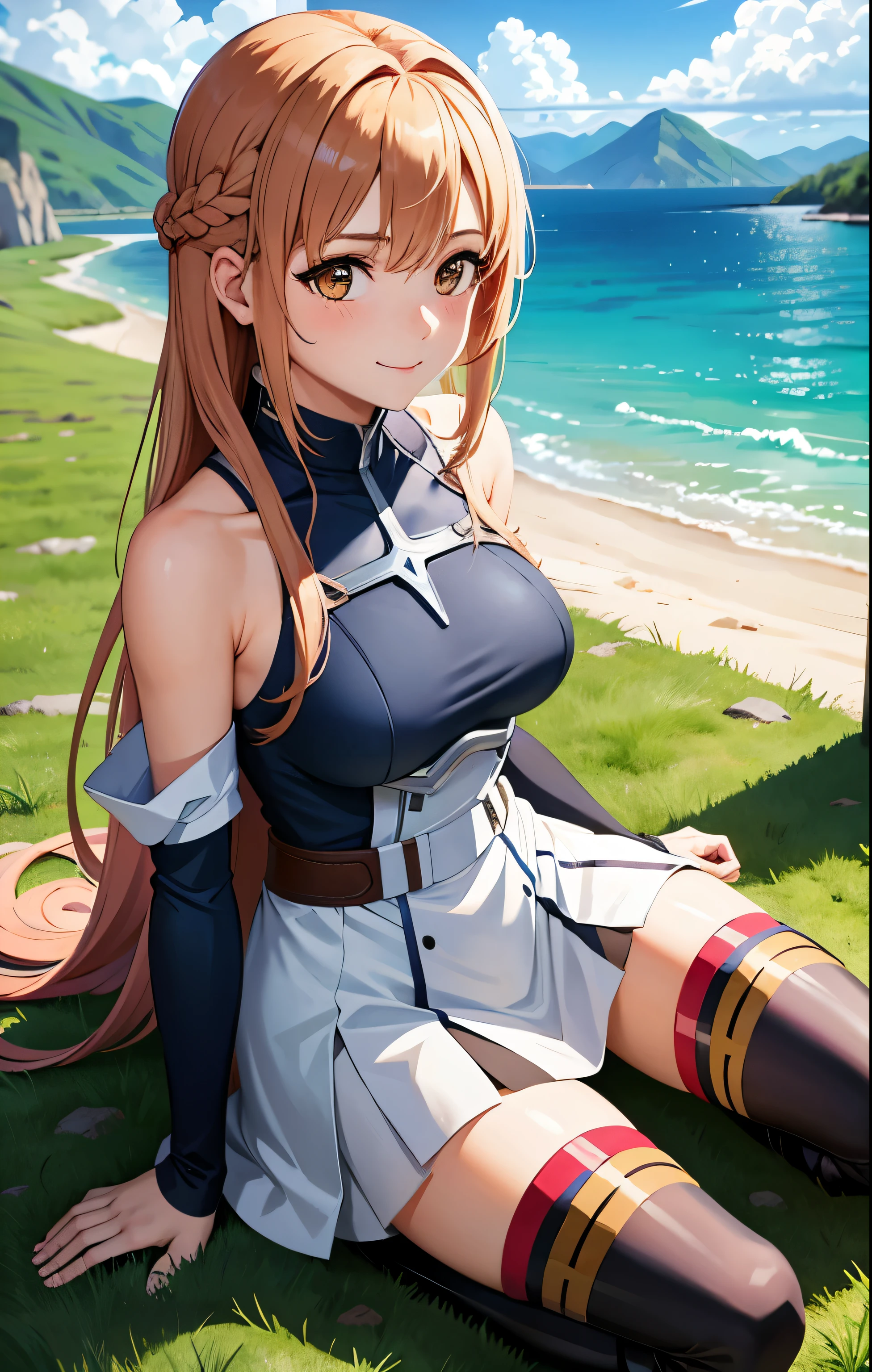 Anime girl sitting on the grass by the water - SeaArt AI