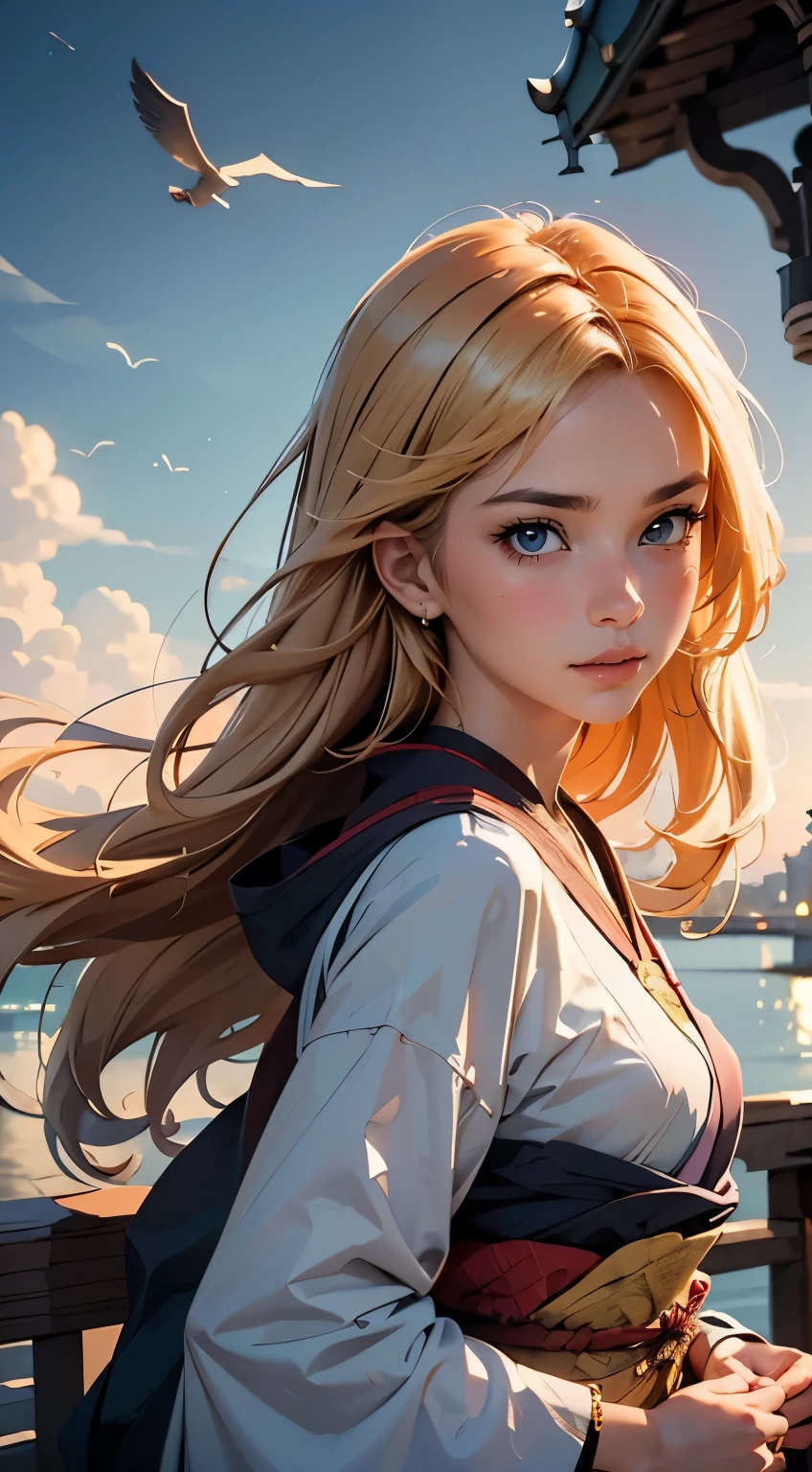 ((masterpiece, highest quality, amazing detail, hires)), a beautiful girl stands in front of a bridge, (ultra detailed face), wearing priest robes, sunkissed, fantasy background, high fantasy, studio Ghibli, Miyazaki 