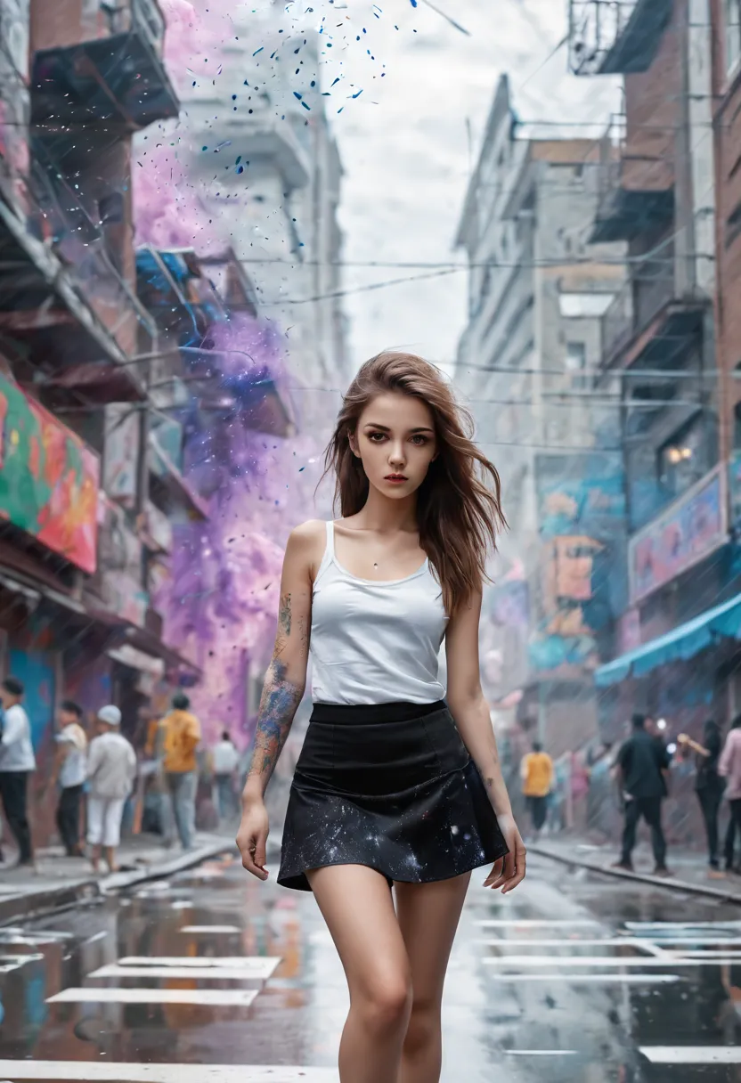 Perfect centralization, Fantastic Particles, rapture, Standing position, abstract beauty, Downtown, looking at the camera, facin...
