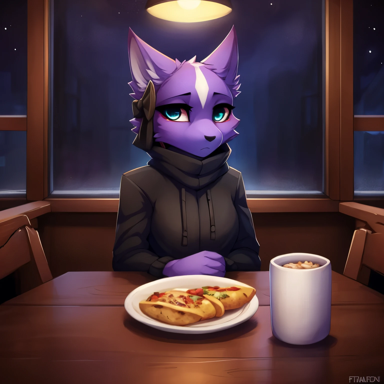 Female Shikabane, cute face cute body, sitting at a booth, in a restaurant, depressed, (looking outside a window:1.2), (looking away from viewer:1.3) rainy day, nighttime, by teranen, by freeedon, soft shading, warm lighting, high quality, behind a table, upper body shot, (sitting across a table from viewer:1.3), sitting across the table, high quality, high definition, behind a table