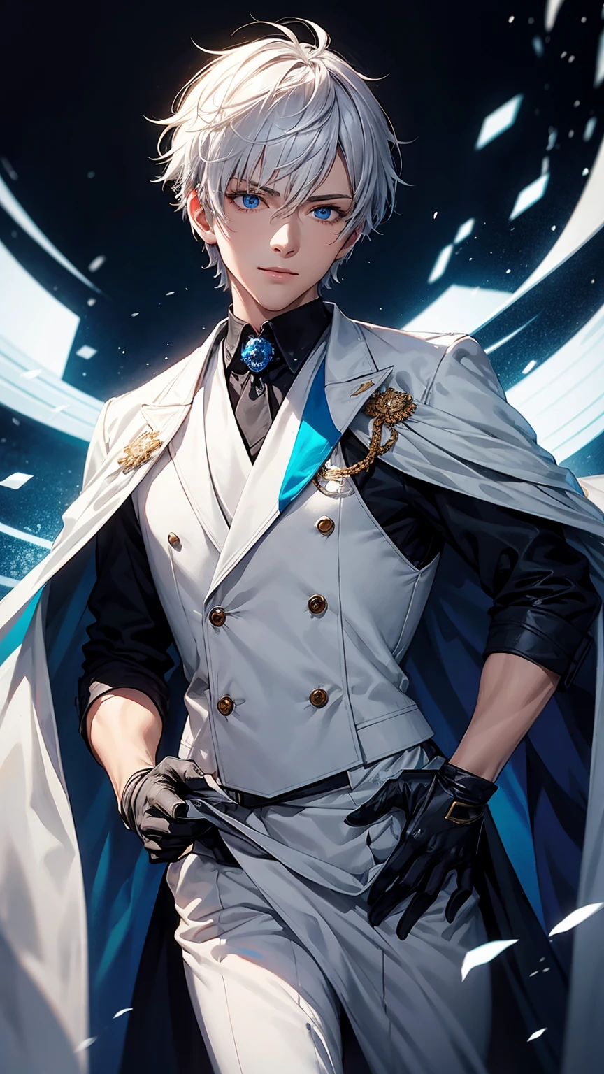 1young man,solo, male photo,look at viewer,confident smile, silver hair, ((short hair)), (short sideburns),light blue eyes, slant eyes,anatomically correct,blue ribbon tie,((black gloves)),((white cloak)),black suit,beautiful japanese style background,best quality, high quality,masterpiece, 8K 