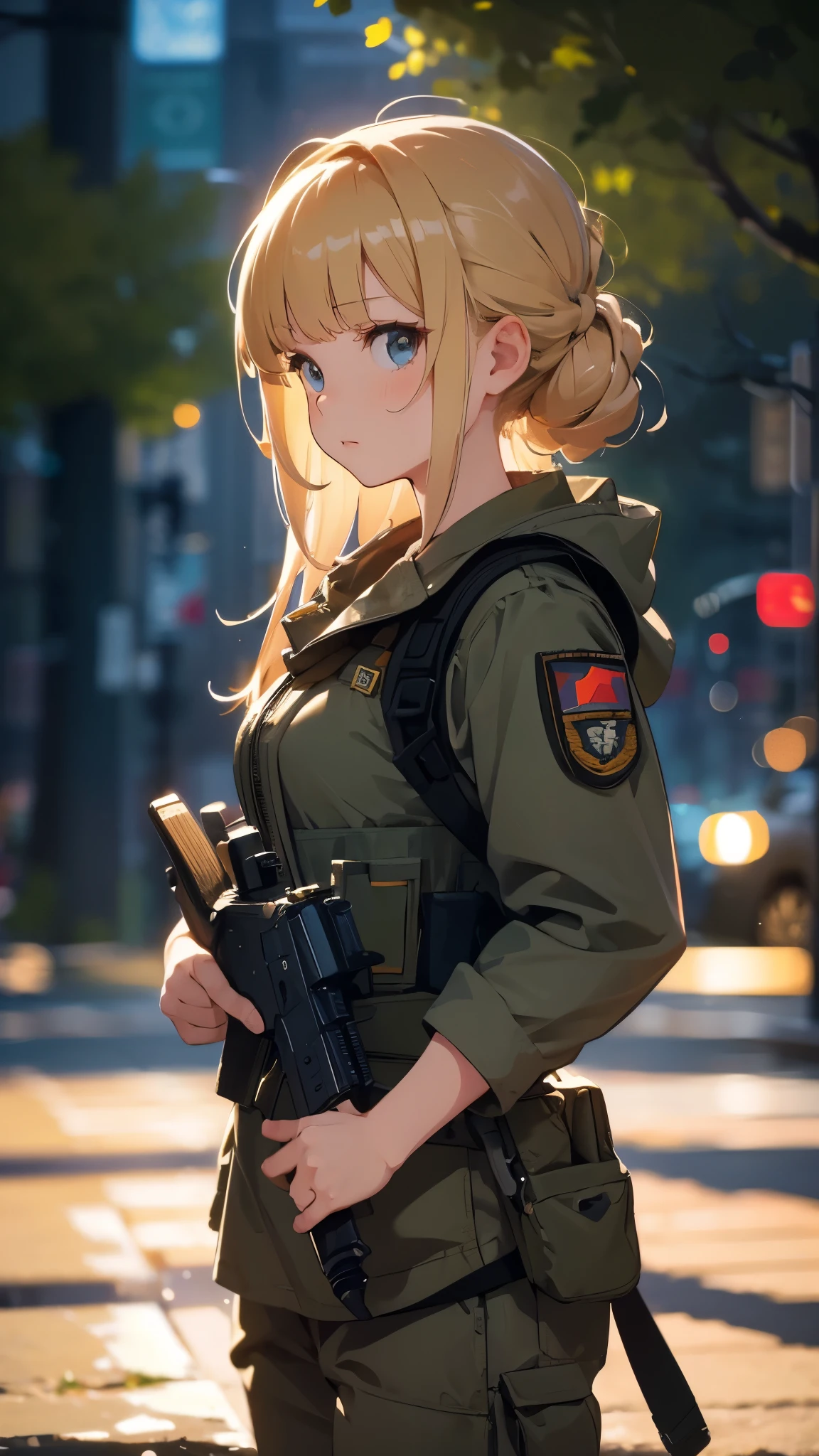 best picture quality, 8K, high quality, masterpiece:1.2), ((masterpiece)), (high detail, high quality, best picture quality), bokeh, DOF, Portrait, open stance, (cute illustration:1.2), blond hair, military, girl, holding gun, standing