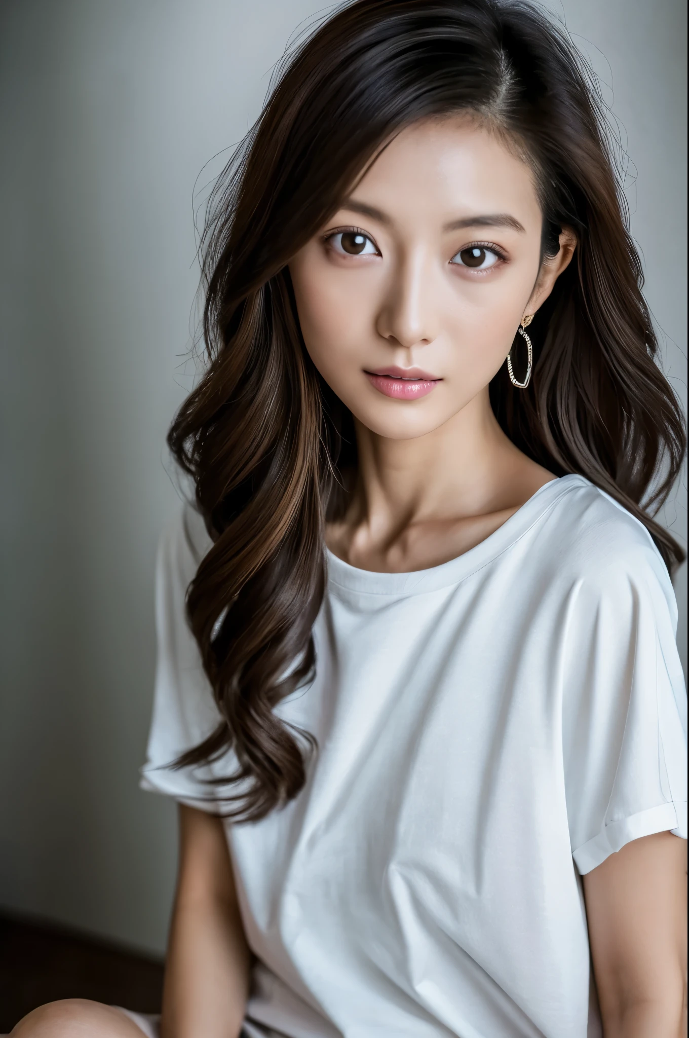 A skinny Japanese lady, long wavy hair, wearing (long T-shirt:1.3), sitting in a dark room. The walls are painted in soft white. Realistic, Photorealistic, High quality, RAW photograph, detailed background, highly detailed, sharp focus, high resolution, 8k, uhd, dslr, realistic eyes, perfect eyes,