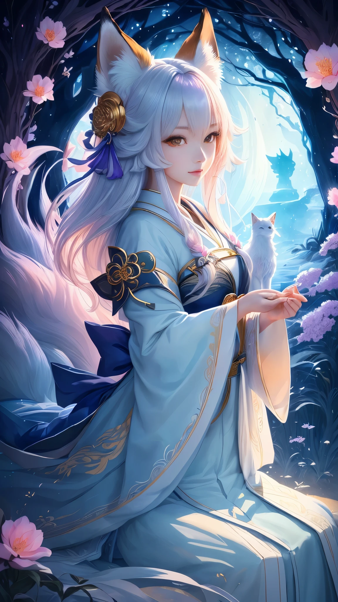 masterpiece , best quality, Close-up, masterpiece, beautiful details, colorful, delicate details, delicate lips, intricate details, genuine, ultrargenuineista, Girl with multicolored haired fox sitting on a branch:cute, light makeup, ,Colorful Fox, raposa de nine tails, Three tails Fox, Three tails Fox, onmyoji detailed art, beautiful fine art illustration, mythical creatures, Fox, beautiful digital art,shrine maiden,japanese architecture,hold hands,exquisite digital illustration, mizutsune, Inspired by mythical wild web creatures, pixiv in digital art, shining light, high contrast, Mysterious,Girl with multicolored haired fox sitting on a branch,front,looking at the camera