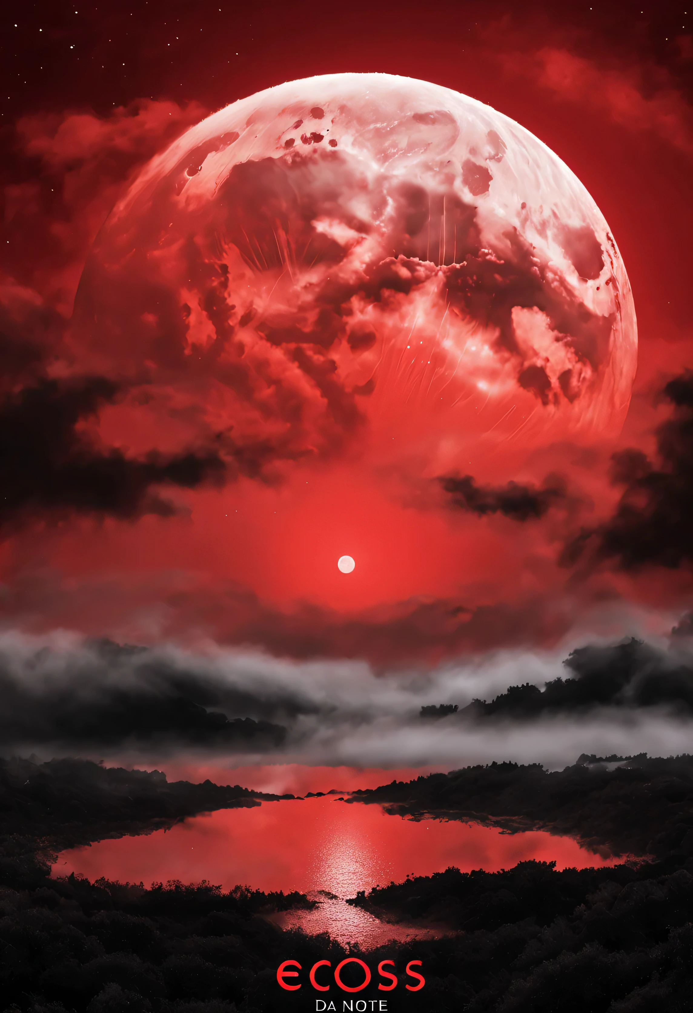 A red moon is seen over a lake in the sky - SeaArt AI