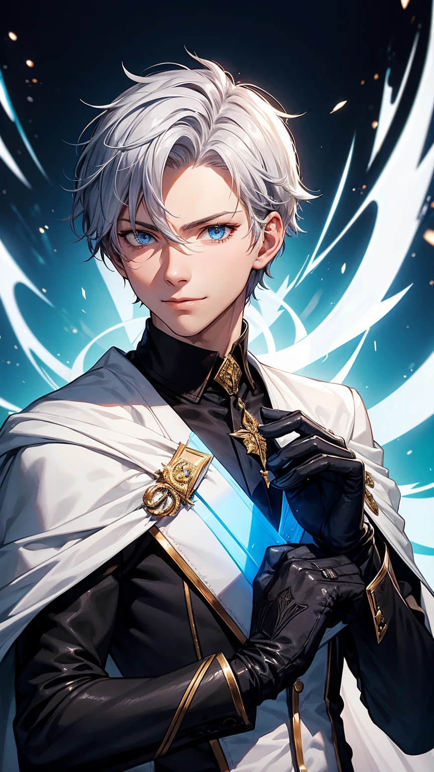 1young man,solo, male photo,look at viewer,confident smile, silver hair, ((short hair)), ((short sideburns)),light blue eyes, slant eyes,anatomically correct,blue ribbon tie,((black gloves)),((white cloak)),black suit,beautiful flowers on background,best quality, high quality,masterpiece, 8K 