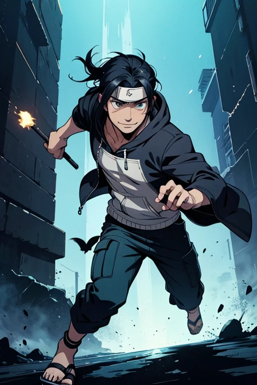 1 guy, dark skin, solo, masterpiece, best quality, anime, ultra-detailed, 2D full-body character image of Madara and Kakashi from Naruto and Cid from Eminence in the Shadows fusion into one single guy with dark skin and black hair, wearing a hoodie, removing the head band, dark theme with hints of blue, purple, green, and turquoise. A nice smile.