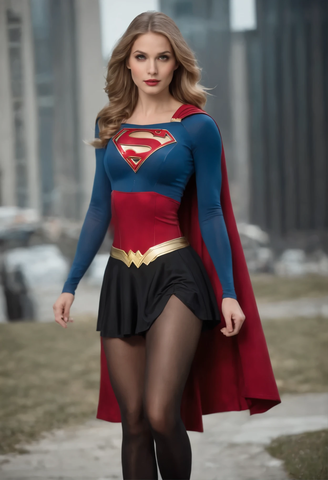 Araffe woman dressed as a supergirl walking down a sidewalk - SeaArt AI