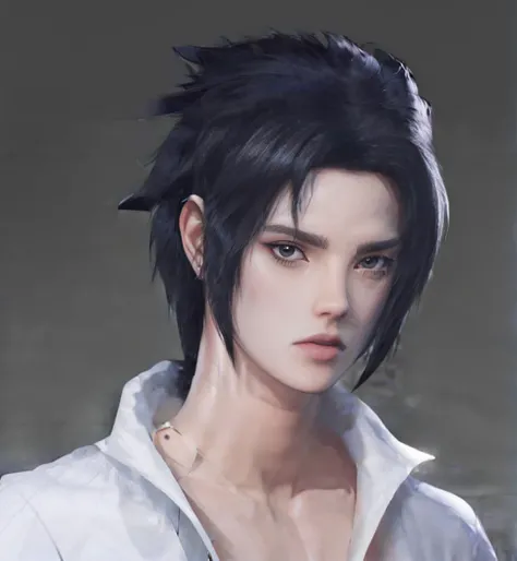 young man, pale skin, spiky black hair, black eyes, big lips, marked jaw, sexy, white clothes, Sasuke Uchiha, realistic, realism...