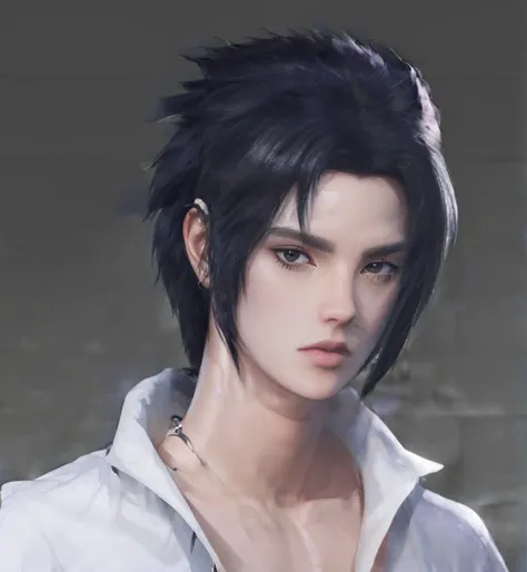 young man, pale skin, spiky black hair, black eyes, big lips, marked jaw, sexy, white clothes, Sasuke Uchiha, realistic, realism...