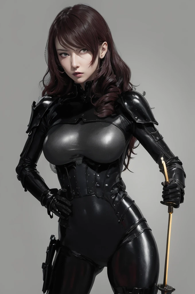 a woman with red lipstick has armor on and is holding a sword, kirijou mitsuru, 1girl, solo, hair over one eye, long hair, (((red hair))), (((red eyes))), weapon, rapier, sword, bodysuit, black bodysuit, grey bodysuit, hand on hip, (((large breasts))), simple background, white background, (purple theme:1.2)