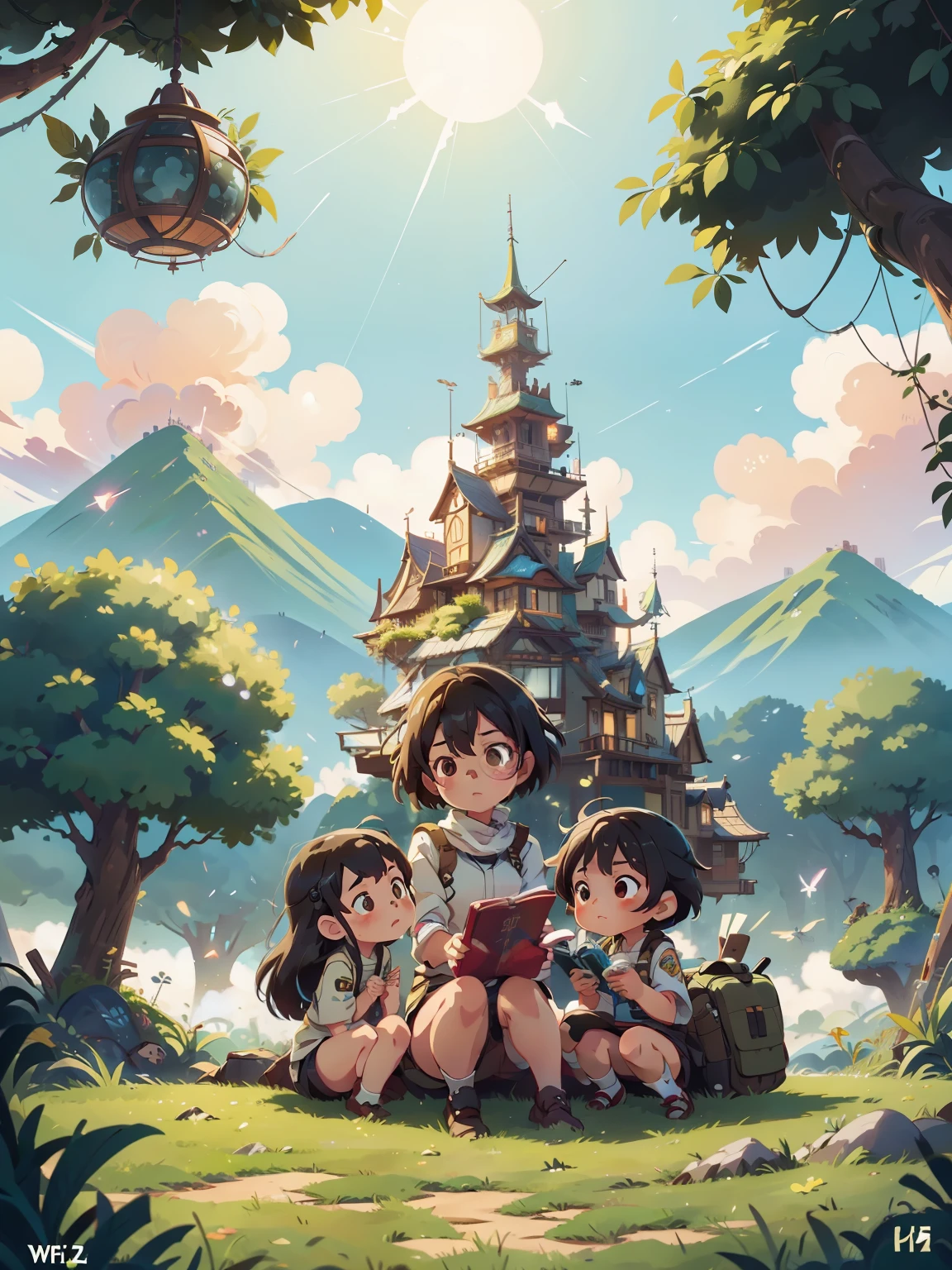 style anime shinkai mokoto et ghibli, trois filles et un garçon se tiennent devant un ciel nocturne, univers de première ligne des filles, guweiz sur pixiv artstation, filles de première ligne cg, Fond d&#39;écran manga 4K, oeuvre d&#39;art dans le style de guweiz, meilleur fond d&#39;écran anime 4k konachan, Style de collection Kantai, Guweiz sur ArtStation Pixiv, guweiz, filles de première ligne style l en tenue d&#39;aventure assises sur une scène moussue regardant la majestueuse cité perdue et l&#39;arbre du monde géant à côté, cité perdue au dessus des nuages et du ciel imposant, magique brillant partical, ciel coloré de rêve vibrant et nuages moelleux, livres, pomme, Lunettes, calme,pétale,cheveux soufflés par le vent,ils sont