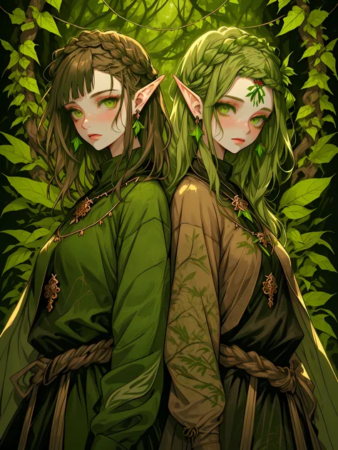 Retrato da cintura para cima em tons de floresta, estilo florestal, (dois), (casal), (detalhado, Intricado), Green and brown bra...