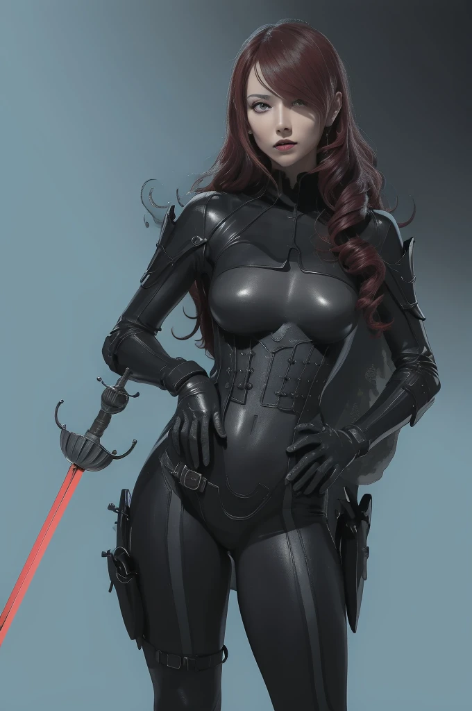 a woman with red lipstick has armor on and is holding a sword, kirijou mitsuru, 1girl, solo, hair over one eye, long hair, (((red hair))), (((red eyes))), weapon, rapier, sword, bodysuit, black bodysuit, grey bodysuit, hand on hip, (((large breasts))), simple background, white background, (purple theme:1.2)