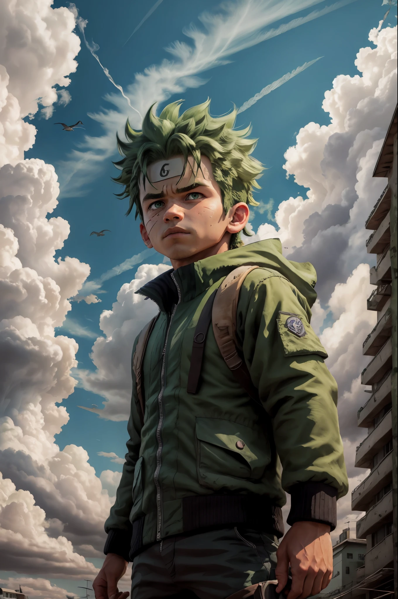 赤壁浩克, 1男孩, 男性 focus, 獨自的, 天空, 綠眼睛, 雲, 天, 鬍鬚標記, 鳥, blue 天空, 男性 , 夾克, 戶外, 上半身, 雲y 天空
