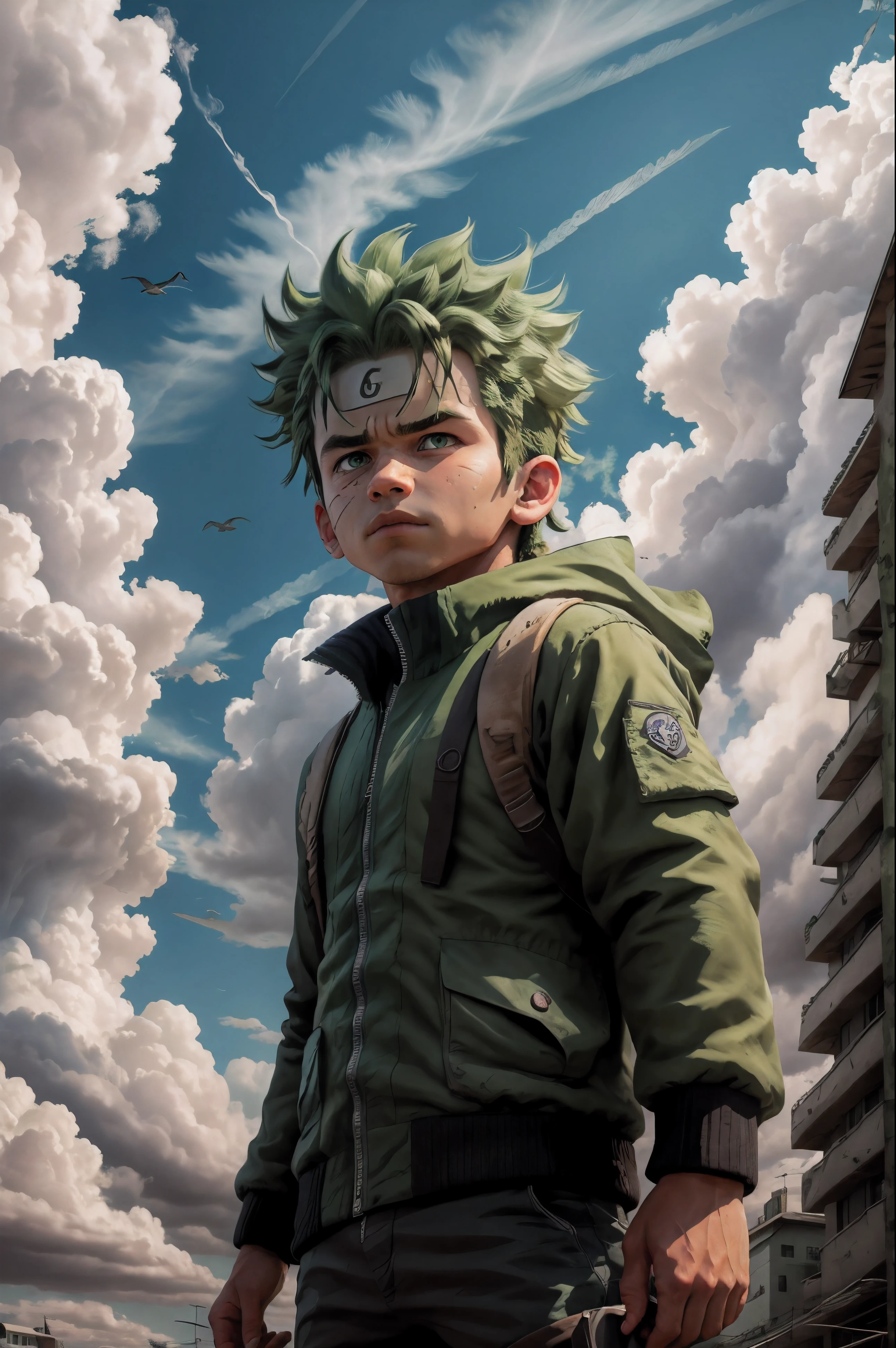 chibihulk, 1boy, male focus, solo, sky, green eyes, cloud, day, whisker markings, bird, blue sky, male , jacket, outdoors, upper body, cloudy sky