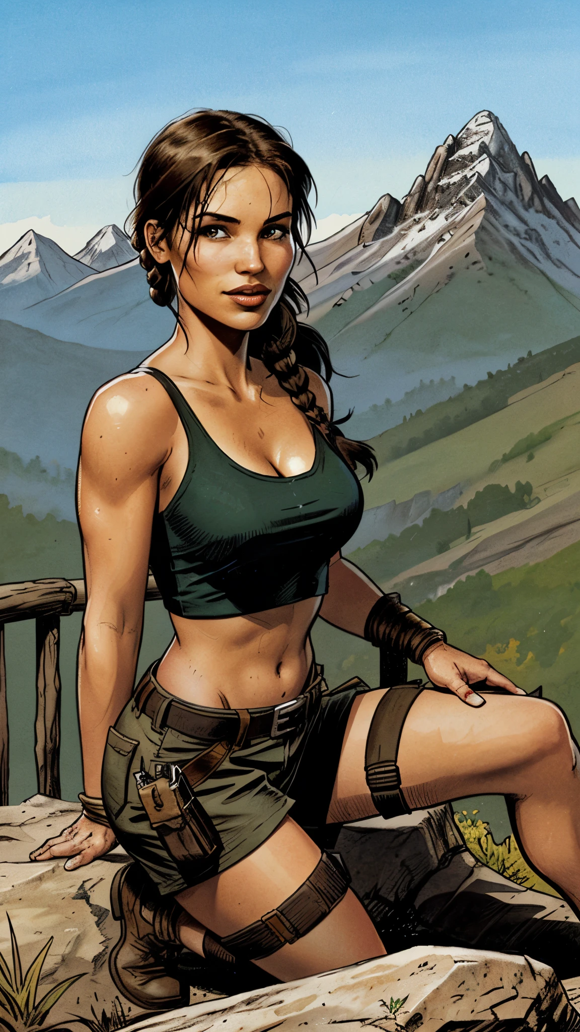 Lara Croft, pôster, de joelhos, montanhas ao fundo, sorriso sedutor