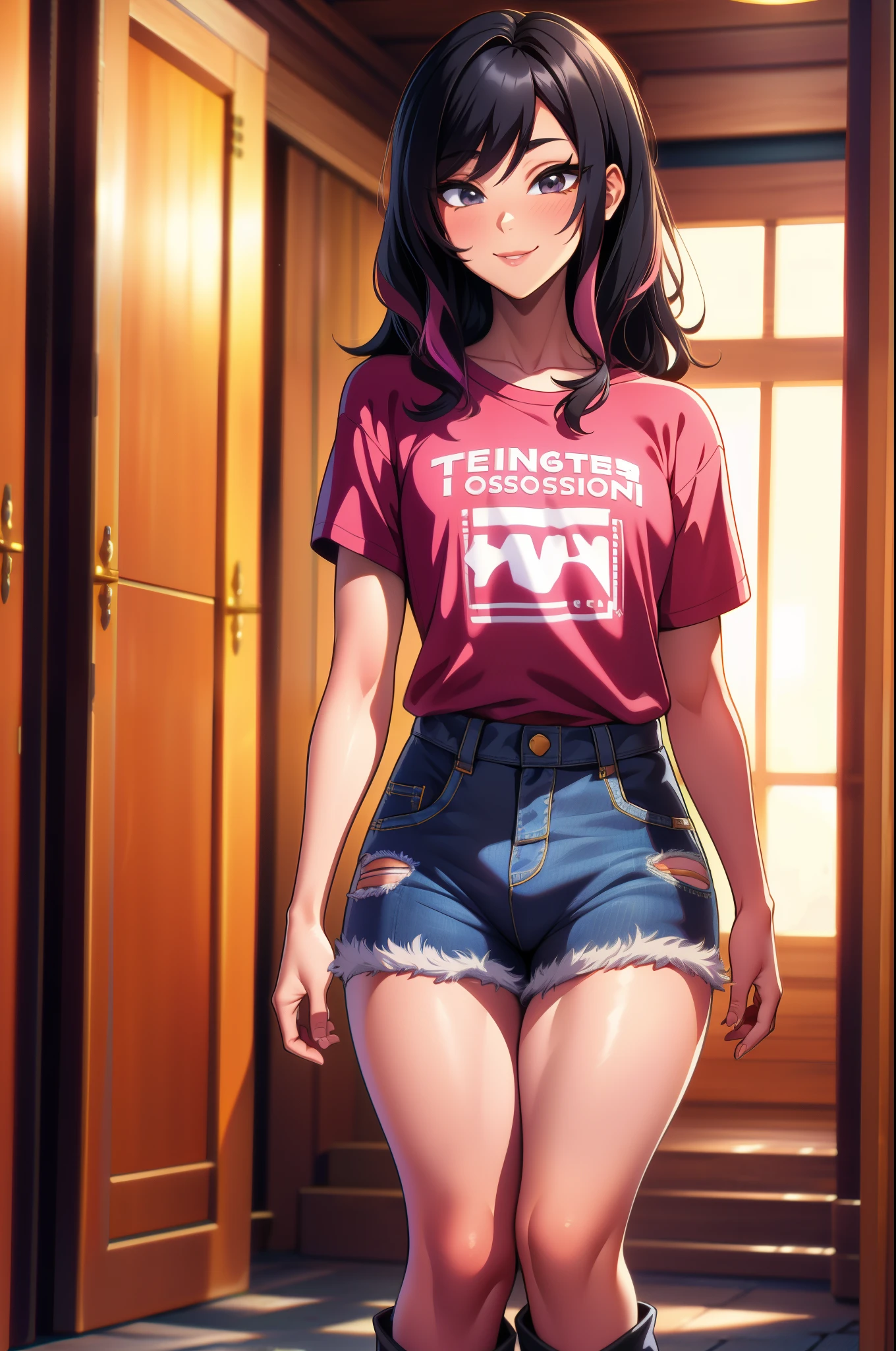 Anime girl in short shorts and a t - shirt standing in a hallway - SeaArt AI